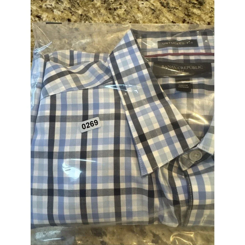 Banana Republic Non-Iron‎ Untucked Fit Shirt L Blue Plaid 100% Cotton